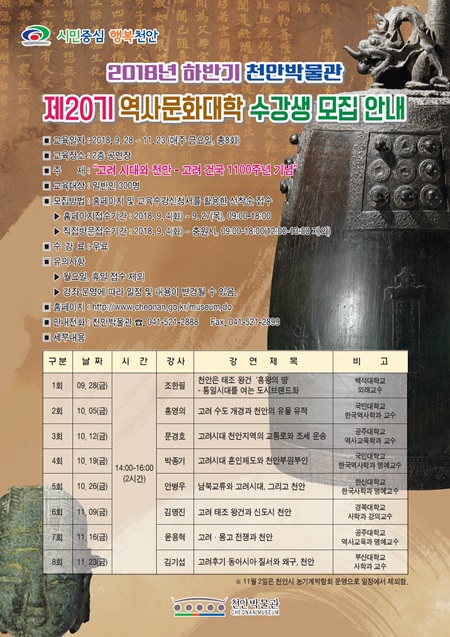 천안박물관, ‘제20기 역사문화대학’ 수강생 모집